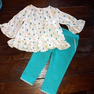 Genuine Kids Cactus teal bell sleeve outfit 2 Piece pants shirt boho 18 Months